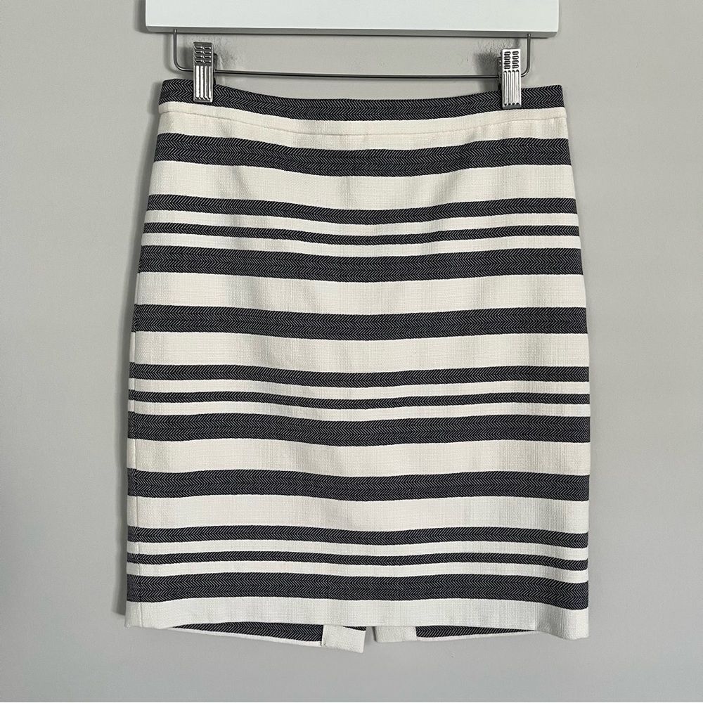 J. Crew Factory Petite Navy and Ivory/Cream Striped Pencil Skirt, Size 0P NWOT
